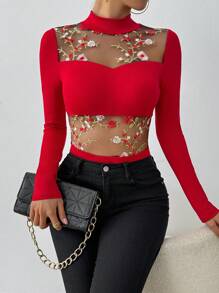 SHEIN X  Ignacia Antonia Zolique Bộ đồ liền thân thêu lưới dài tay cho nữ - Đỏ - Xem 4