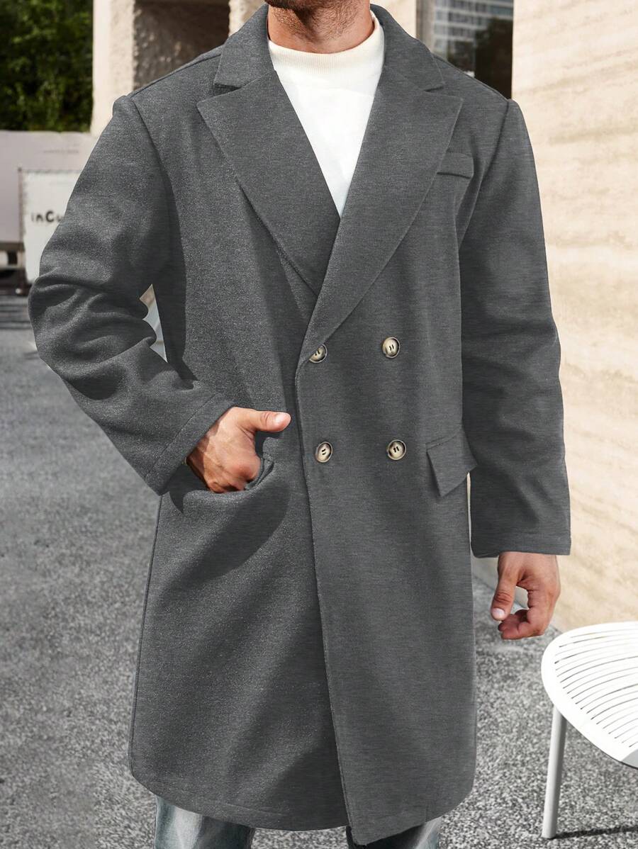 Manfinity Homme Plus Size Men's Button Front Long Sleeve Pockets Casual Overcoat, Fall/Winter - Grey - View 1