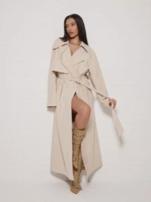 SUMWON WOMEN 奢华全长系带风衣优雅双排扣翻领外套经典秋冬时尚个性单品专业工作服 - 卡其色 - 查看 4