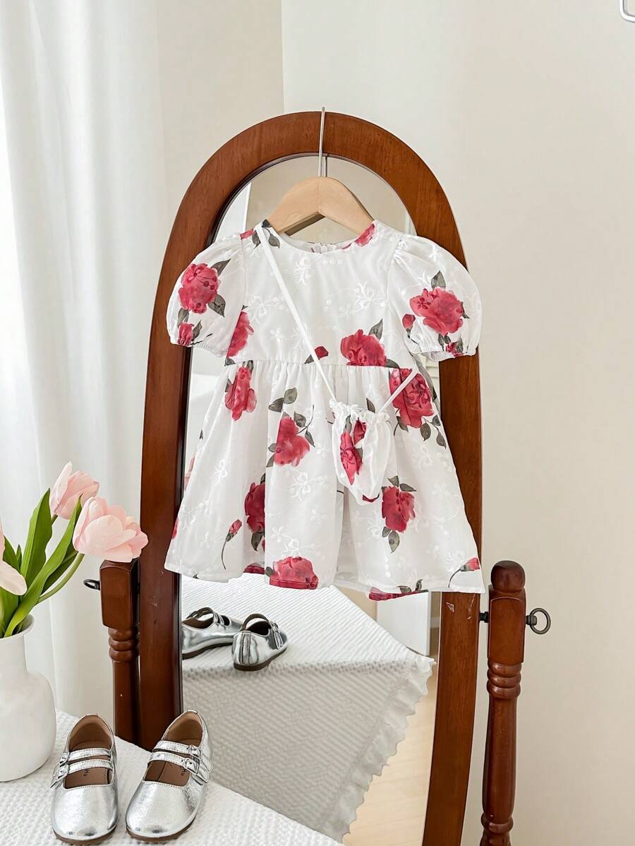 SHEIN LMoss Kids LMoss Baby Girls Cute Cartoon Embroidery Bell Sleeve Loose Dress & Shoulder Bag 2 Pieces Set - Multicolor - View 1
