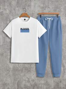 Manfinity Homme Men's Graphic Print Crew Neck Short Sleeve Top And Pants Set, Minimalist - Multicolor - View 3