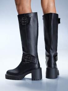 CUCCOO GRLICON Damen Y2K Punk Stil Overknee Stiefel, geeignet für Motorrad, coole Mädchen, Halloween, Weihnachten, Party Outfits - Schwarz - Übersicht 1