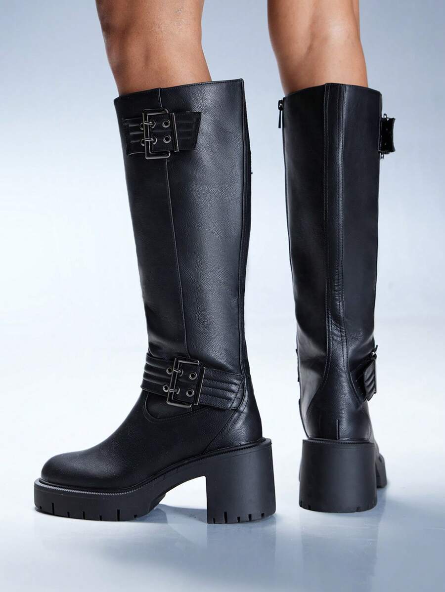 CUCCOO GRLICON Damen Y2K Punk Stil Overknee Stiefel, geeignet für Motorrad, coole Mädchen, Halloween, Weihnachten, Party Outfits - Schwarz - Übersicht 1
