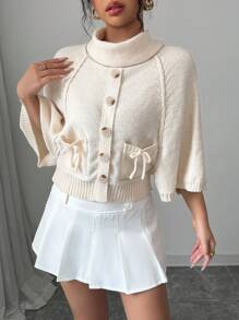 Chiquease 2024 Autumn/Winter New Fashion High Collar Poncho With Bow Pocket Knit Sweater Knit Pullover Fall Outfit
