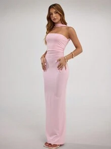 SHEIN BAE 女士优雅纯色露背吊带连衣裙 - 粉色 - 查看 6