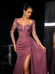 Glamrae Elegant Luxurious Embroidered Lace Applique Sheer Long Sleeve Crinkle Ruffle Side Slit Fishtail Hem Dress, Suitable For Weddings, Parties, Vacations, Galas, Evening Formal Occasions, Wedding Guest Dress, Party Dress,Gown