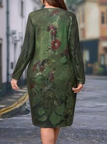 EMERY ROSE Plus Size Women Green Printed Long Sleeve Dress, Vacation Wear