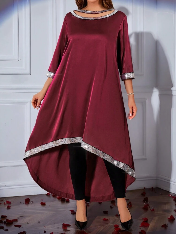 Women Plus Size Fashion Party Wine Red Sequin Decor 3/4 Sleeve Dress For Christmas,Valentine's Day