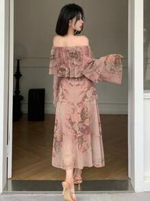 DAZY 2pcs Set Women Full Floral Off Shoulder Ruffle Shirt And Peplum Skirt,Fall Women Clothes