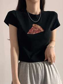 DAZY Camiseta casual de mujer de cuello redondo, manga corta, con estampado, camiseta gráfica de uso diario, top corto para mujer