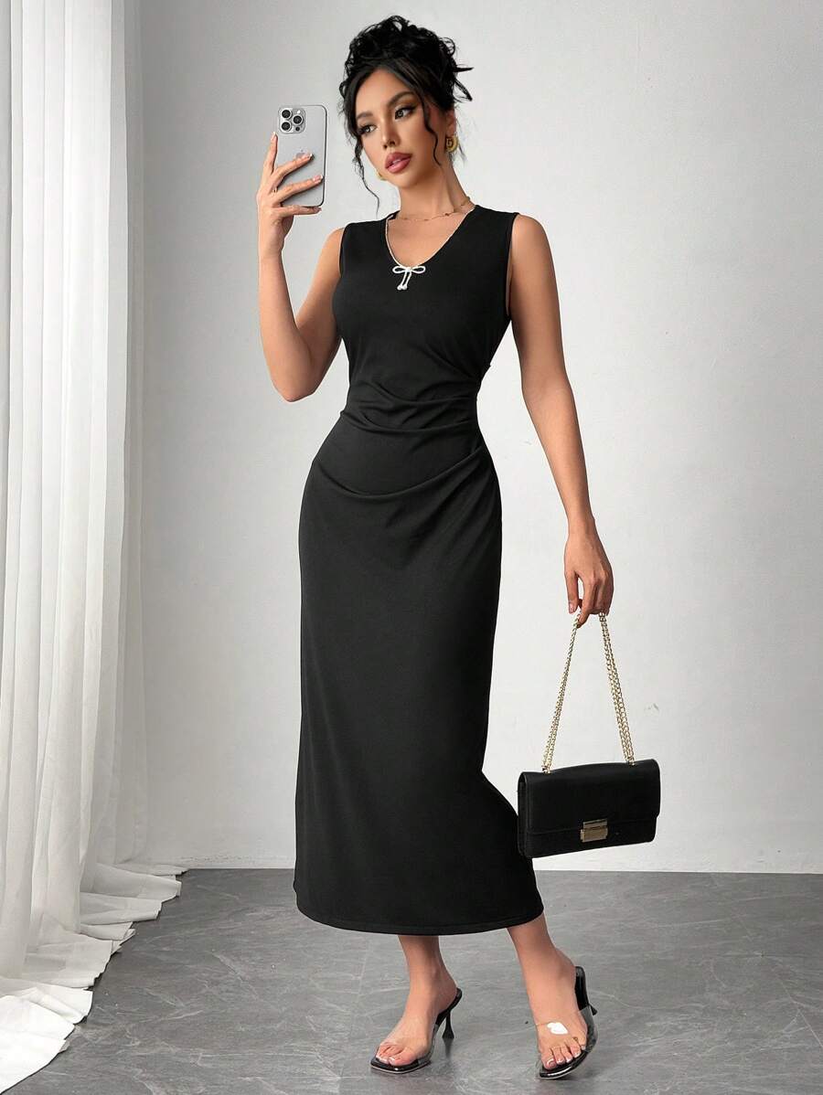 Chiquease Women's Elegant Black Formal Dress Bow Rhinestone Collar Ruched Sleeveless Dress - Black - View 1