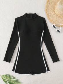 Swim SPRTY Summer Women's One-Piece Rash Guard With Snake Skin Pattern And Drawstring, Tight-Fitting Beach & Surfing Activewear, White, Long Sleeve - Black - View 6