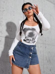 SHEIN PETITE Women's Casual Simple Button Front Pocket Denim Shorts - Medium Wash - View 2