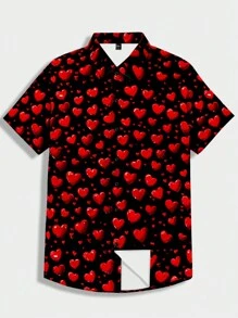 Manfinity VCAY Men's Loose Fit Short Sleeve Digital Print Heart Pattern Shirt - Black - View 4