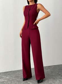 SHEIN PETITE Women's Solid Color Round Neck Single-Breasted Vest And Pants Elegant Commuter Suit, Summer Fall Women Clothes Women Set Office Wear Business Casual Women Two Pieces Outfits Fall Women Office Wear Women Set Women Blazers Set