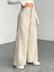 SHEIN PETITE Women's Solid Color Front Button Casual Wide Leg Pants, Suitable For Daily Wear