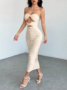 SHEIN PETITE Váy ống thiết kế xoắn khoét rỗng không tay màu trơn - Màu be - Xem 6