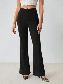 SHEIN Tall 女士纯色前扣喇叭休闲裤，适合日常穿着 - 黑色 - 查看 4