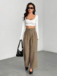 SHEIN PETITE Pasek dwuwarstwowy w kratę, szerokie nogawki, spodnie w stylu retro old money - Brązowy - Zobacz 3