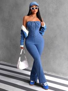 SHEIN ICON 女士交叉紧身修身喇叭牛仔连身裤 - 中等水洗藍 - 查看 7