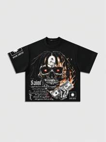 ROMWE MEN Street Life Camiseta corta de estilo callejero retro con estampado holgada y de hombros caídos, para hombre