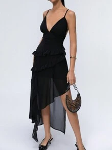 SHEIN Unity Elegant Chiffon Sexy Spaghetti Strap Multilayer Ruched Waist Asymmetric Hem Design Women Long Dress - Black - View 6