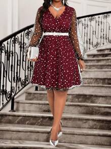 SHEIN Lady Autumn And Winter Elegant Party Wedding Valentine's Day New Year Party Valentine's Day Cocktail Party Concert/Music Festival Deep Red Overlap Collar Flared Contrast Mesh Midi Long Sleeve Plus Size Dresses Valentine's Day New Year Party Elegant Women Dresses Classy Outfits Elegant Dress Wedding New Year Eve Dress New Years Women Outfit Holiday Clothes Holiday Party Dress Red Dress Valentine's Day - Burgundy - View 7