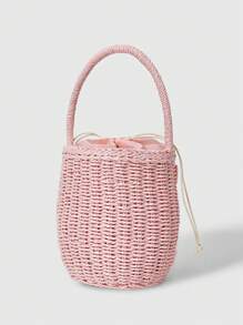 ROMWE Kawaii Women's Woven Bow Decor Large Capacity Tote Pink Bag, Fashionable For Daily Travel