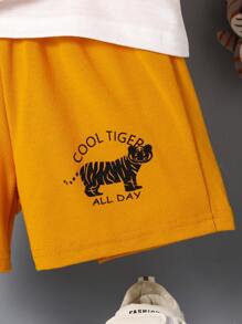 SHEIN 2 sztuki/zestaw dla chłopców, casualowy, uroczy nadruk tygrysa, okrągły dekolt, krótki rękaw, T-shirt i spodenki, nadaje się do codziennego noszenia, styl college'owy, wiosna/lato - Żółty - Zobacz 5