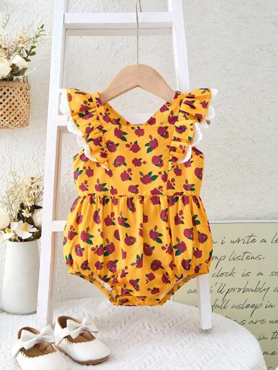 SHEIN Leap Crew 新生女宝宝可爱碎花荷叶边连体衣，夏季