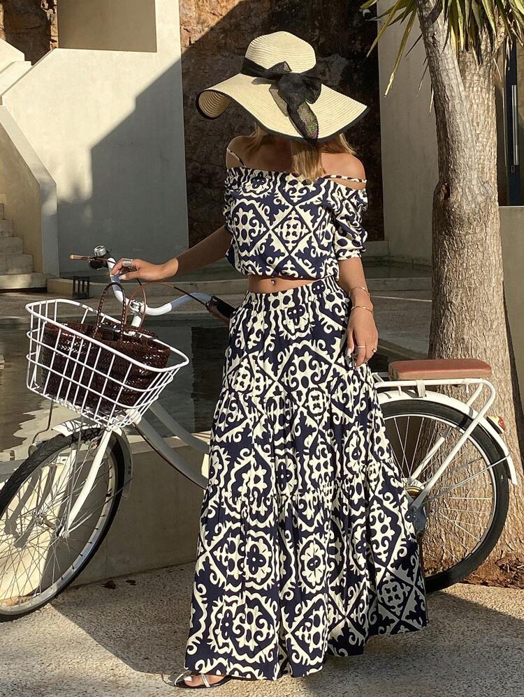 Bohemian Style Beach Vacation Floral Print Off Shoulder Two Pieces Set For Women Cruise Outfit For Women