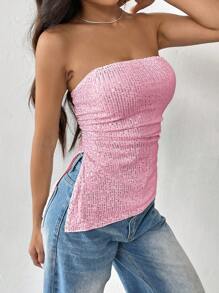 SHEIN EZwear Women Casual/Vacation Sequin Embellished Bandeau Top, Pink - Pink - View 4