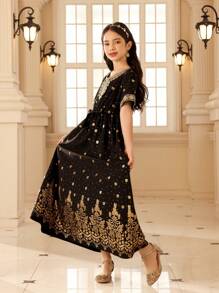 SHEIN Tween Girl Elegant Party Gold Foil Print Short Sleeve Dress - Black - View 7