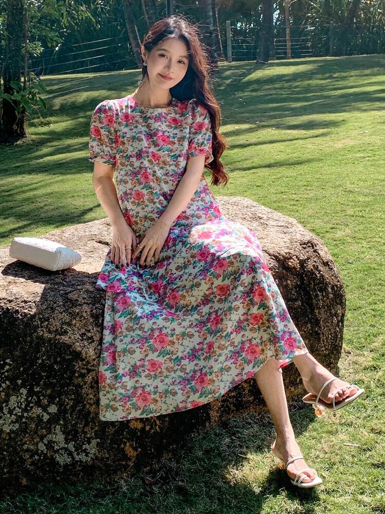 Vestido largo de verano con cuello redondo y manga corta, con estampado floral todo sobre fondo minimalista, para vacaciones de las mujeres, vestido maxi de Pascua - Multicolor - Añade 3