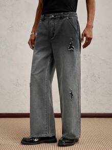 SHEIN X ELOISA & ORSON AKNOTIC Party Jeans casuales de cintura media larga y pierna recta tejidos para hombres, adecuados para combinar a diario, para rave