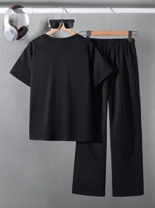 SHEIN 2 件装 Tween Boy 休闲圆领大字母印花 T 恤和短裤套装，适合春夏季上学、通勤、日常穿着、运动 - 黑色 - 查看 2
