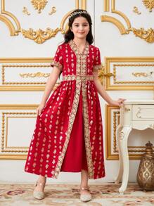 Tween Girls Gold Foil Floral Full-Printed Splice Gold Line Ribbon Trim Dress - Red - View 3