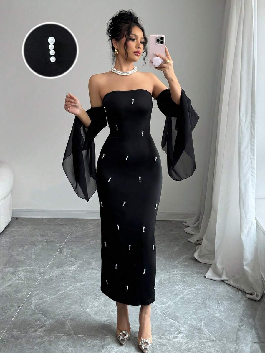 Rafferiza 女士优雅露肩仿珍珠串珠黑色性感紧身可爱派对舞会抹胸雪纺透明喇叭袖 2025 新款长裙 - 黑色 - 查看 1