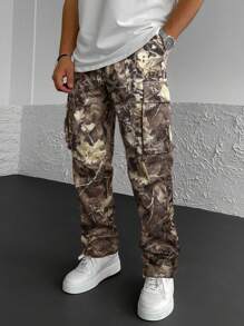 Manfinity Homme Loose Fit Men's Flap Pocket Side Drawstring Waist Cargo Pants, Fall - Yellow - View 1