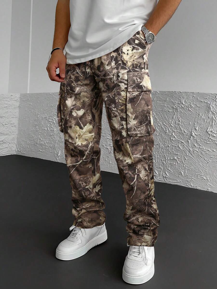 Manfinity Homme Loose Fit Men's Flap Pocket Side Drawstring Waist Cargo Pants, Fall - Yellow - View 1