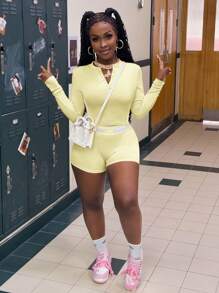 Slaydiva Casual Basic Patchwork Crew Neck Long Sleeve Partial Button Bodycon Cropped Top & Matching Skinny Ribbed Shorts Set For Women - H