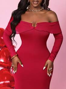 BamGleam 女士新款露肩网眼长袖紧身红色情人节连衣裙蛇年金属装饰图案，适合新年派对、除夕、聚会 - 紅色 - 查看 6