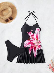 Swim Lushoire 2pcs Beach Floral Print Swimsuit, Swimdress & Bottoms Set, Popular In Spring & Summer - Multicolor - View 6