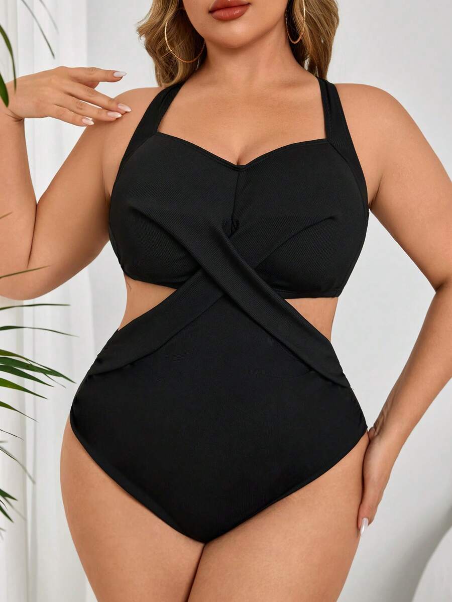 SHEIN Swim Curve Plus Size Women's Solid Color Knitted Halter Spaghetti Strap One-Piece Swimsuit, Simple Design For Everyday Wear And Vacation, For Summer Beach - Black - View 1