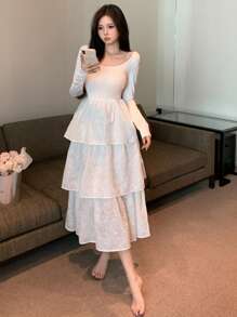 DAZY Lace Jacquard Flared Midi Dress For Women, Slim Fit,Ruffle,Fall Dress Long Sleeve Dress - White - View 7