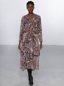 Aveloria Modichic 波西米亚风格 V 领复古印花分层雪纺连衣裙，配腰带，荷叶边下摆，长袖，中长款，女士春季连衣裙