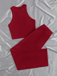 SHEIN Essnce 2 件套女士针织背心和裤子套装 - 玫瑰紅 - 查看 2