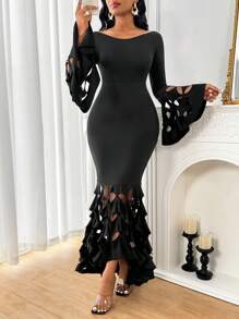 SHEIN Lady Women's Solid Color Hollow-Out Patchwork Long Sleeve Slim Fit Dress Plus Size Dresses