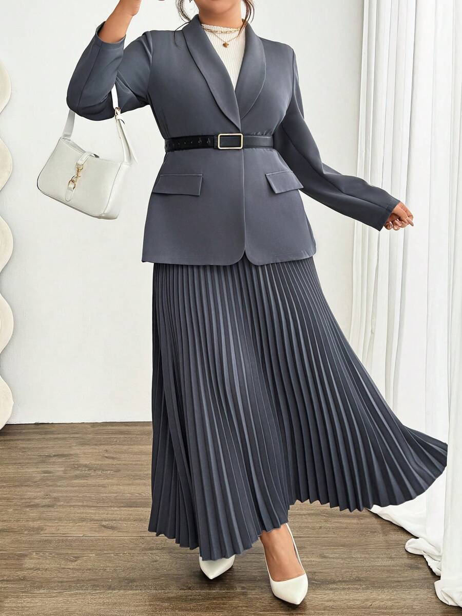 Celure 大码女式 2 件套 新款简约灰色翻领长袖西装外套 + 灰色褶皱长裙套装 - 灰色 - 查看 1