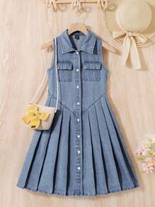 SHEIN Tween pentru fete de vară boho plajă spălată rochie din denim plisată cu nasture în față, rochie de vară pentru fete ținute